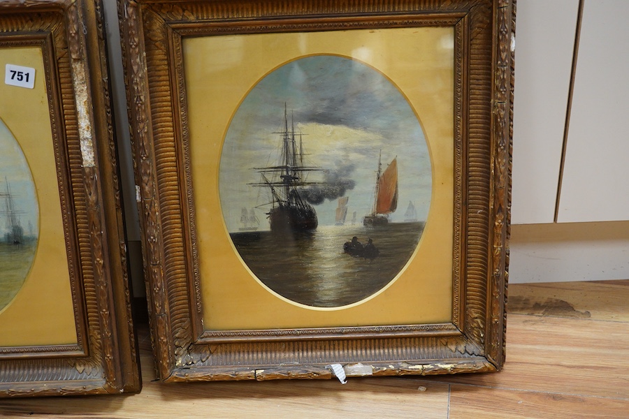 Victorian School, maritime interest, Men O'war scenes, unsigned, pair of oval oils, 30 x 23cm, ornate gilt frames